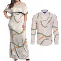 Aloha Lei Mikioi Couples Matching Off Shoulder Maxi Dress and Long Sleeve Button Shirt Beige Polynesian Tribal Tatau Pattern LT9 Beige - Polynesian Pride