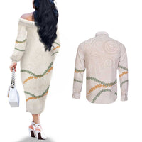 Aloha Lei Mikioi Couples Matching Off The Shoulder Long Sleeve Dress and Long Sleeve Button Shirt Beige Polynesian Tribal Tatau Pattern