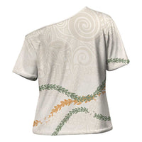 Aloha Lei Mikioi Cross Shoulder Shirt Beige Polynesian Tribal Tatau Pattern LT9 - Polynesian Pride