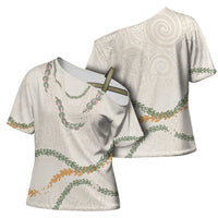 Aloha Lei Mikioi Cross Shoulder Shirt Beige Polynesian Tribal Tatau Pattern LT9 - Polynesian Pride