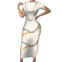 Aloha Lei Mikioi Short Sleeve Bodycon Dress Beige Polynesian Tribal Tatau Pattern