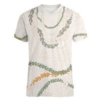 Aloha Lei Mikioi Women V-Neck T-Shirt Beige Polynesian Tribal Tatau Pattern