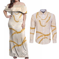 Aloha Lei Mikioi Couples Matching Off Shoulder Maxi Dress and Long Sleeve Button Shirt Gold Polynesian Tribal Tatau Pattern LT9 Gold - Polynesian Pride