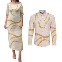 Aloha Lei Mikioi Couples Matching Puletasi and Long Sleeve Button Shirt Gold Polynesian Tribal Tatau Pattern LT9 Gold - Polynesian Pride