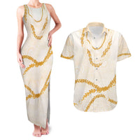 Aloha Lei Mikioi Couples Matching Tank Maxi Dress and Hawaiian Shirt Gold Polynesian Tribal Tatau Pattern