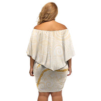 Aloha Lei Mikioi Family Matching Off Shoulder Short Dress and Hawaiian Shirt Gold Polynesian Tribal Tatau Pattern