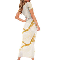 Aloha Lei Mikioi Short Sleeve Bodycon Dress Gold Polynesian Tribal Tatau Pattern