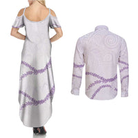 Aloha Lei Mikioi Couples Matching Summer Maxi Dress and Long Sleeve Button Shirt Purple Polynesian Tribal Tatau Pattern LT9 - Polynesian Pride