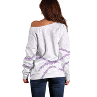 Aloha Lei Mikioi Off Shoulder Sweater Purple Polynesian Tribal Tatau Pattern