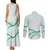 Aloha Lei Mikioi Couples Matching Tank Maxi Dress and Long Sleeve Button Shirt Sage Green Polynesian Tribal Tatau Pattern