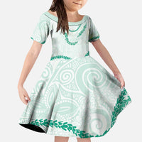 Aloha Lei Mikioi Family Matching Off The Shoulder Long Sleeve Dress and Hawaiian Shirt Sage Green Polynesian Tribal Tatau Pattern