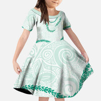 Aloha Lei Mikioi Kid Short Sleeve Dress Sage Green Polynesian Tribal Tatau Pattern LT9 KID Green - Polynesian Pride