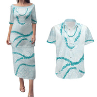 Aloha Lei Mikioi Couples Matching Puletasi and Hawaiian Shirt Teal Polynesian Tribal Tatau Pattern LT9 Teal - Polynesian Pride