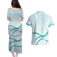 Aloha Lei Mikioi Couples Matching Puletasi and Hawaiian Shirt Teal Polynesian Tribal Tatau Pattern LT9 - Polynesian Pride