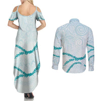 Aloha Lei Mikioi Couples Matching Summer Maxi Dress and Long Sleeve Button Shirt Teal Polynesian Tribal Tatau Pattern LT9 - Polynesian Pride