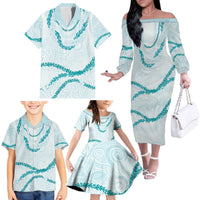 Aloha Lei Mikioi Family Matching Off The Shoulder Long Sleeve Dress and Hawaiian Shirt Teal Polynesian Tribal Tatau Pattern