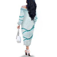 Aloha Lei Mikioi Family Matching Off The Shoulder Long Sleeve Dress and Hawaiian Shirt Teal Polynesian Tribal Tatau Pattern