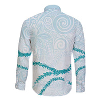 Aloha Lei Mikioi Long Sleeve Button Shirt Teal Polynesian Tribal Tatau Pattern LT9 - Polynesian Pride