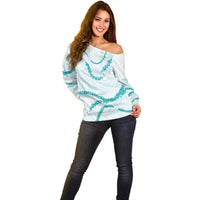 Aloha Lei Mikioi Off Shoulder Sweater Teal Polynesian Tribal Tatau Pattern