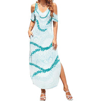 Aloha Lei Mikioi Summer Maxi Dress Teal Polynesian Tribal Tatau Pattern