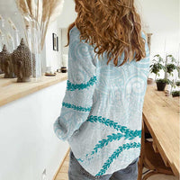 Aloha Lei Mikioi Women Casual Shirt Teal Polynesian Tribal Tatau Pattern