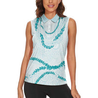 Aloha Lei Mikioi Women Sleeveless Polo Shirt Teal Polynesian Tribal Tatau Pattern