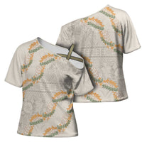 Aloha Pakalana and Puakenikeni Lei Cross Shoulder Shirt Beige Hawaiian Pattern LT9 - Polynesian Pride