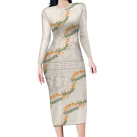 Aloha Pakalana and Puakenikeni Lei Long Sleeve Bodycon Dress Beige Hawaiian Pattern