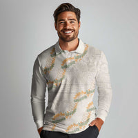 Aloha Pakalana and Puakenikeni Lei Long Sleeve Polo Shirt Beige Hawaiian Pattern