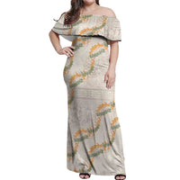 Aloha Pakalana and Puakenikeni Lei Off Shoulder Maxi Dress Beige Hawaiian Pattern