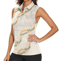 Aloha Pakalana and Puakenikeni Lei Women Sleeveless Polo Shirt Beige Hawaiian Pattern