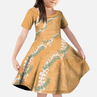 Aloha Pakalana and Puakenikeni Lei Family Matching Off The Shoulder Long Sleeve Dress and Hawaiian Shirt Gold Hawaiian Pattern