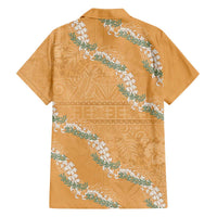 Aloha Pakalana and Puakenikeni Lei Family Matching Off The Shoulder Long Sleeve Dress and Hawaiian Shirt Gold Hawaiian Pattern