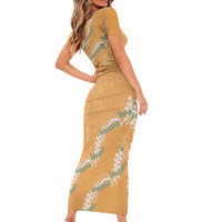 Aloha Pakalana and Puakenikeni Lei Family Matching Short Sleeve Bodycon Dress and Hawaiian Shirt Gold Hawaiian Pattern