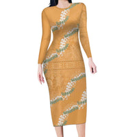 Aloha Pakalana and Puakenikeni Lei Long Sleeve Bodycon Dress Gold Hawaiian Pattern