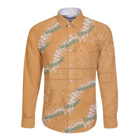 Aloha Pakalana and Puakenikeni Lei Long Sleeve Button Shirt Gold Hawaiian Pattern LT9 Unisex Gold - Polynesian Pride
