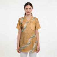 Aloha Pakalana and Puakenikeni Lei Scrub Top Gold Hawaiian Pattern - Polynesian Pride