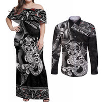Personalised New Zealand Potae Pango Cricket Couples Matching Off Shoulder Maxi Dress and Long Sleeve Button Shirt Special Maori Hei Tiki Tribal Tattoo
