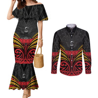 Custom Papua New Guinea Cricket Couples Matching Mermaid Dress and Long Sleeve Button Shirt PNG Emblem Mix Polyneisan Pattern LT9 Black - Polynesian Pride