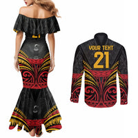 Custom Papua New Guinea Cricket Couples Matching Mermaid Dress and Long Sleeve Button Shirt PNG Emblem Mix Polyneisan Pattern LT9 - Polynesian Pride