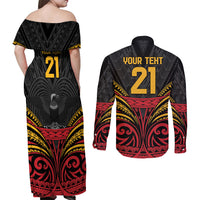 Custom Papua New Guinea Cricket Couples Matching Off Shoulder Maxi Dress and Long Sleeve Button Shirt PNG Emblem Mix Polyneisan Pattern LT9 - Polynesian Pride