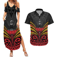 Custom Papua New Guinea Cricket Couples Matching Summer Maxi Dress and Hawaiian Shirt PNG Emblem Mix Polyneisan Pattern LT9 Black - Polynesian Pride