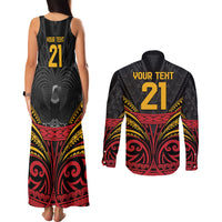 Custom Papua New Guinea Cricket Couples Matching Tank Maxi Dress and Long Sleeve Button Shirt PNG Emblem Mix Polyneisan Pattern LT9 - Polynesian Pride