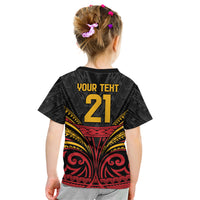 Custom Papua New Guinea Cricket Kid T Shirt PNG Emblem Mix Polyneisan Pattern