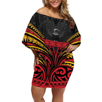 Custom Papua New Guinea Cricket Off Shoulder Short Dress PNG Emblem Mix Polyneisan Pattern LT9 Women Black - Polynesian Pride