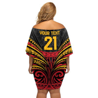 Custom Papua New Guinea Cricket Off Shoulder Short Dress PNG Emblem Mix Polyneisan Pattern LT9 - Polynesian Pride