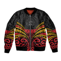 Custom Papua New Guinea Cricket Sleeve Zip Bomber Jacket PNG Emblem Mix Polyneisan Pattern LT9 Unisex Black - Polynesian Pride