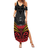 Custom Papua New Guinea Cricket Summer Maxi Dress PNG Emblem Mix Polyneisan Pattern LT9 Women Black - Polynesian Pride