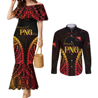 Custom Papua New Guinea Cricket Couples Matching Mermaid Dress and Long Sleeve Button Shirt Go Barramundis LT9 Black - Polynesian Pride