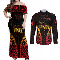 Custom Papua New Guinea Cricket Couples Matching Off Shoulder Maxi Dress and Long Sleeve Button Shirt Go Barramundis LT9 Black - Polynesian Pride